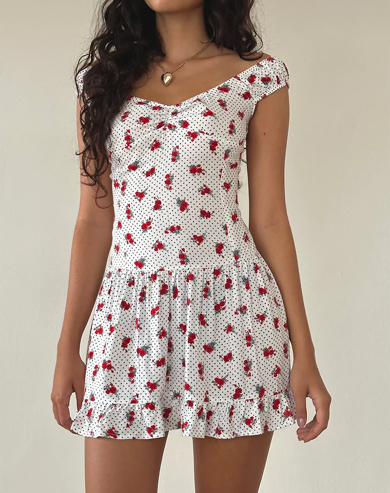 Aca Bardot Mini Dress in White Rose Polka - Awmao