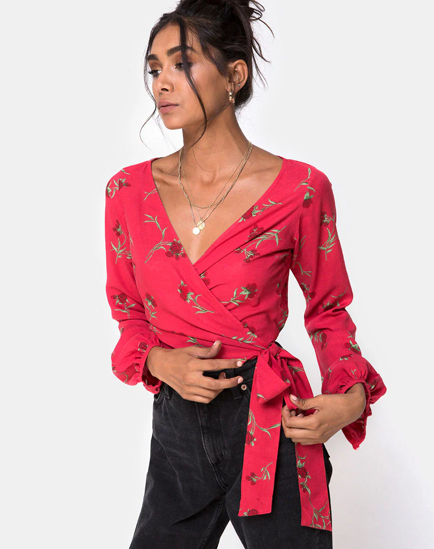 Sepra Wrap Top in Rouge Rose Pink - Awmao