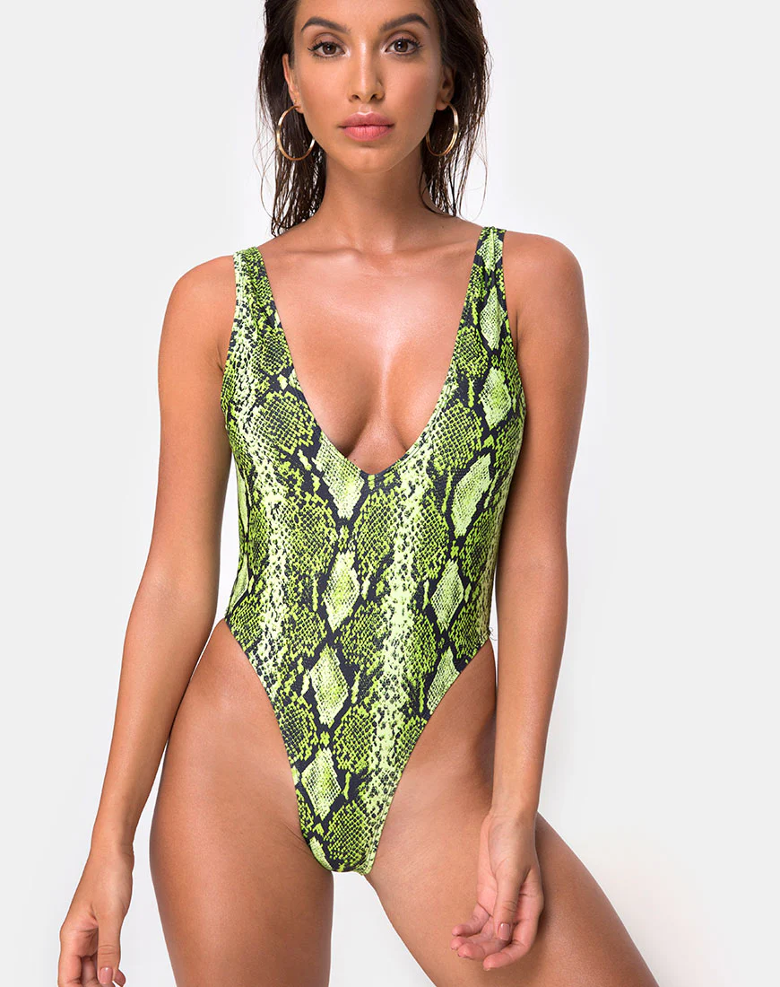 Zala Plunge Swimsuit in Slime Lime Snake - Awmao