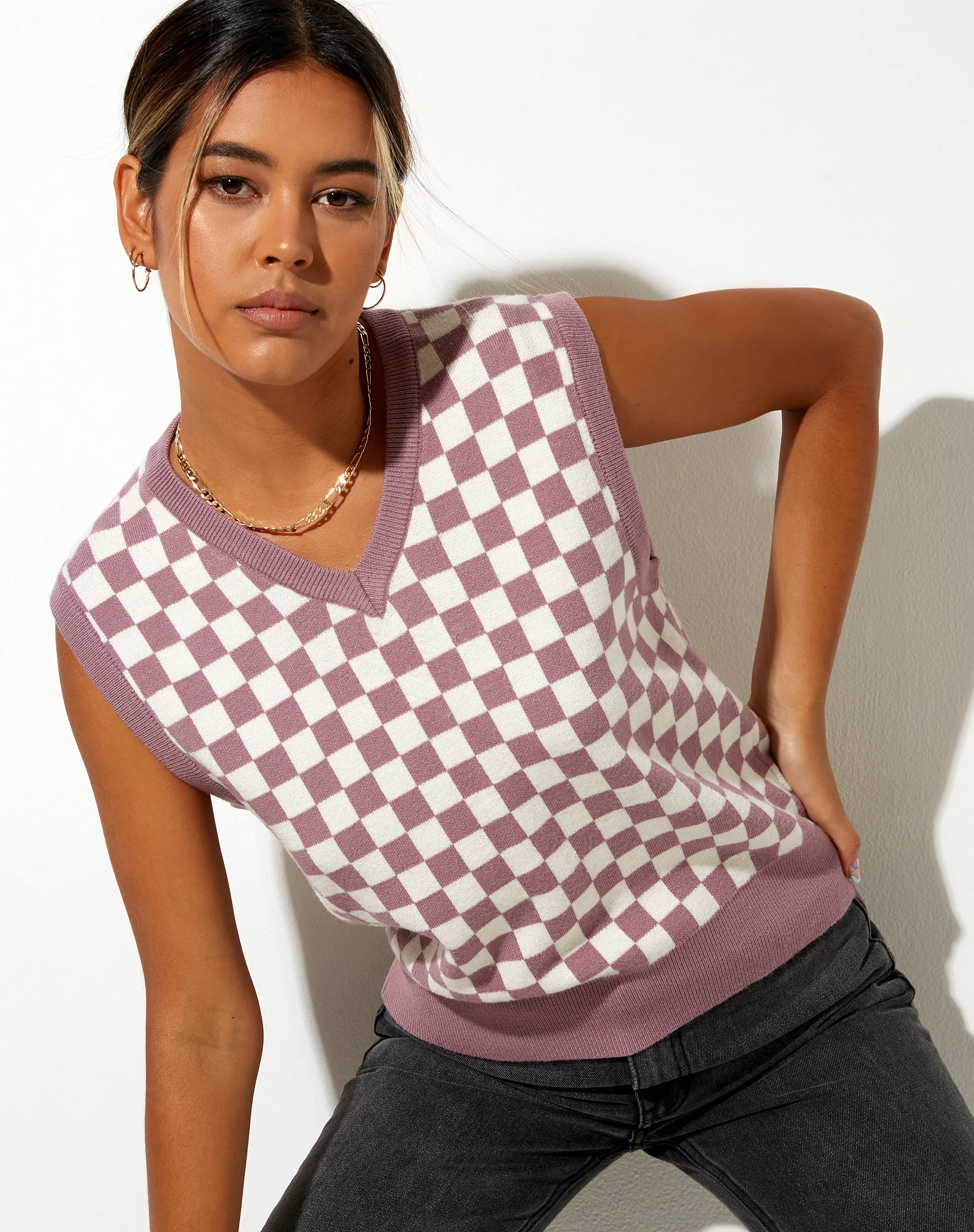 Joker Vest Top in Knit Check Lilac Cream - Awmao