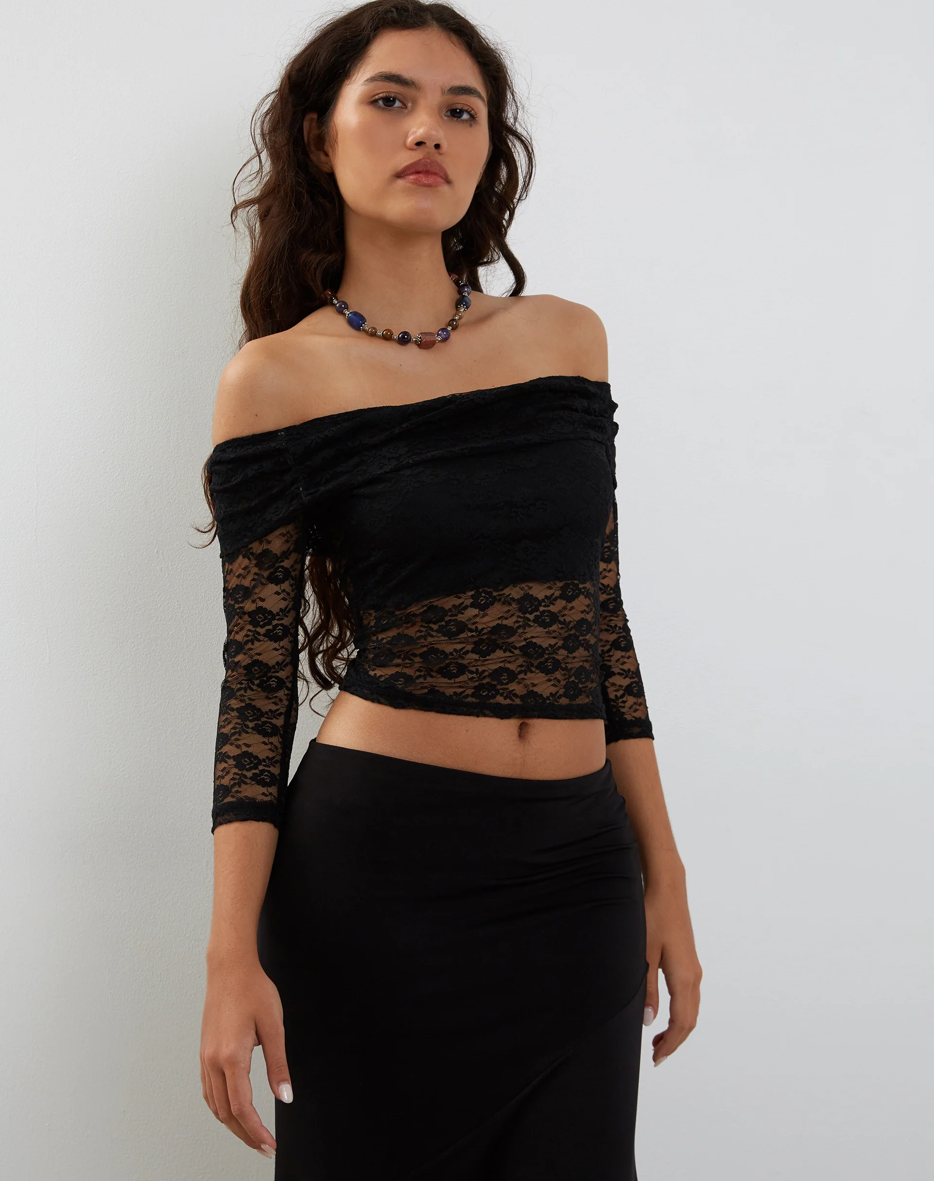 Nixie Long Sleeve Bardot Top in Lace Black - Awmao