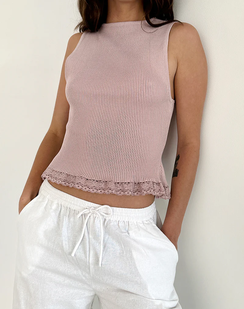 Romane Sleeveless Top in Dusty Rose Rib Knit - Awmao