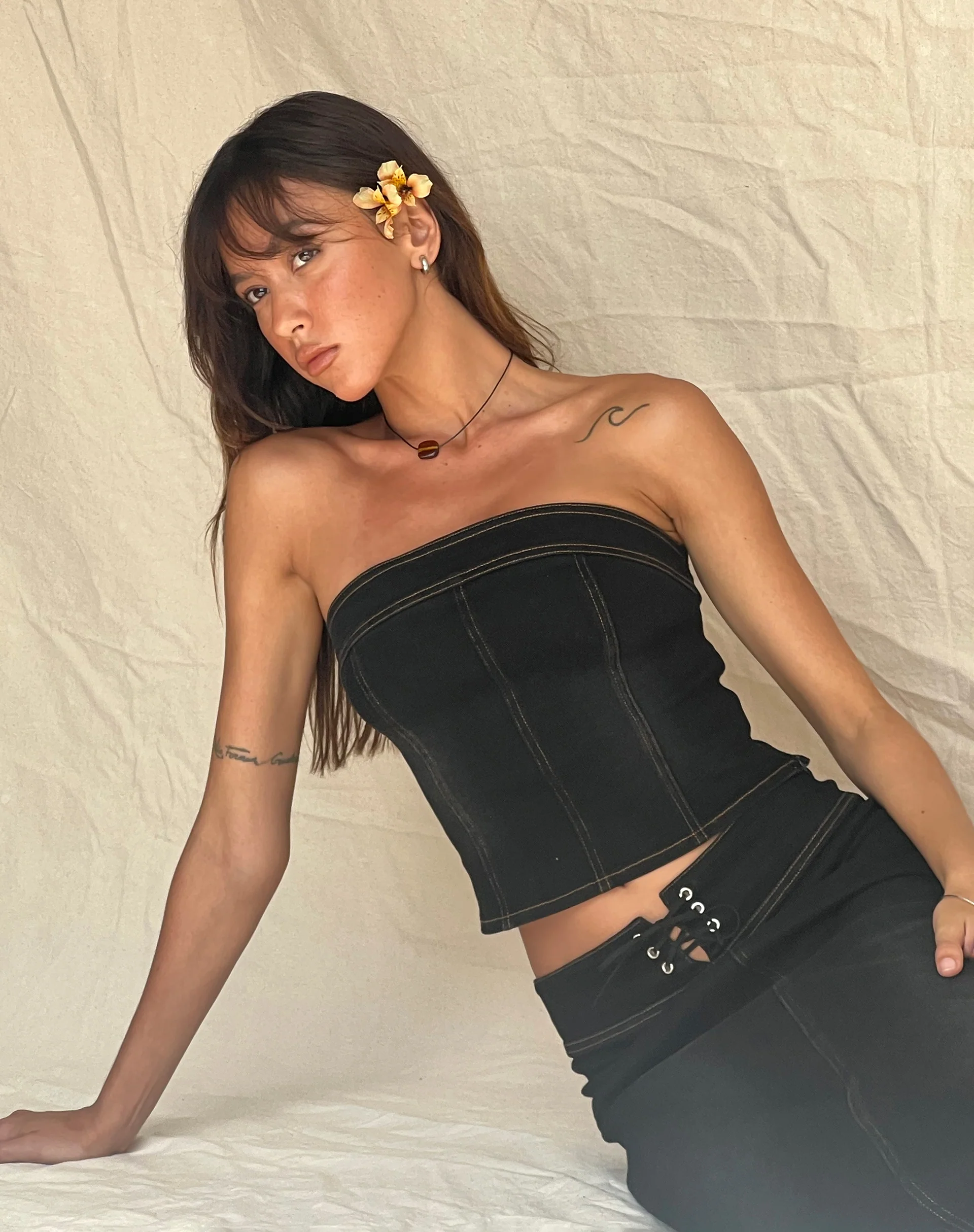 Kaiha Denim Bandeau Corset Top in Black Wash - Awmao