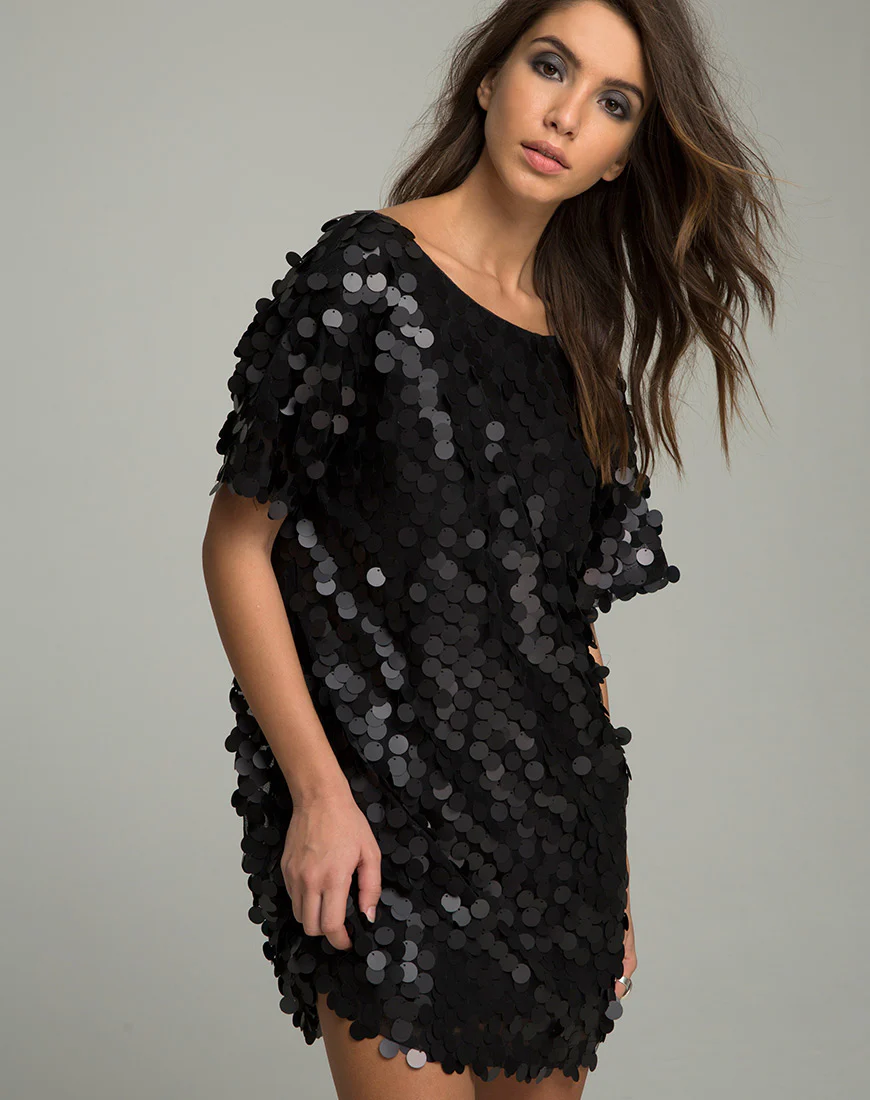Mausi T Shirt Dress in Disc Sequin Matte Black - Awmao