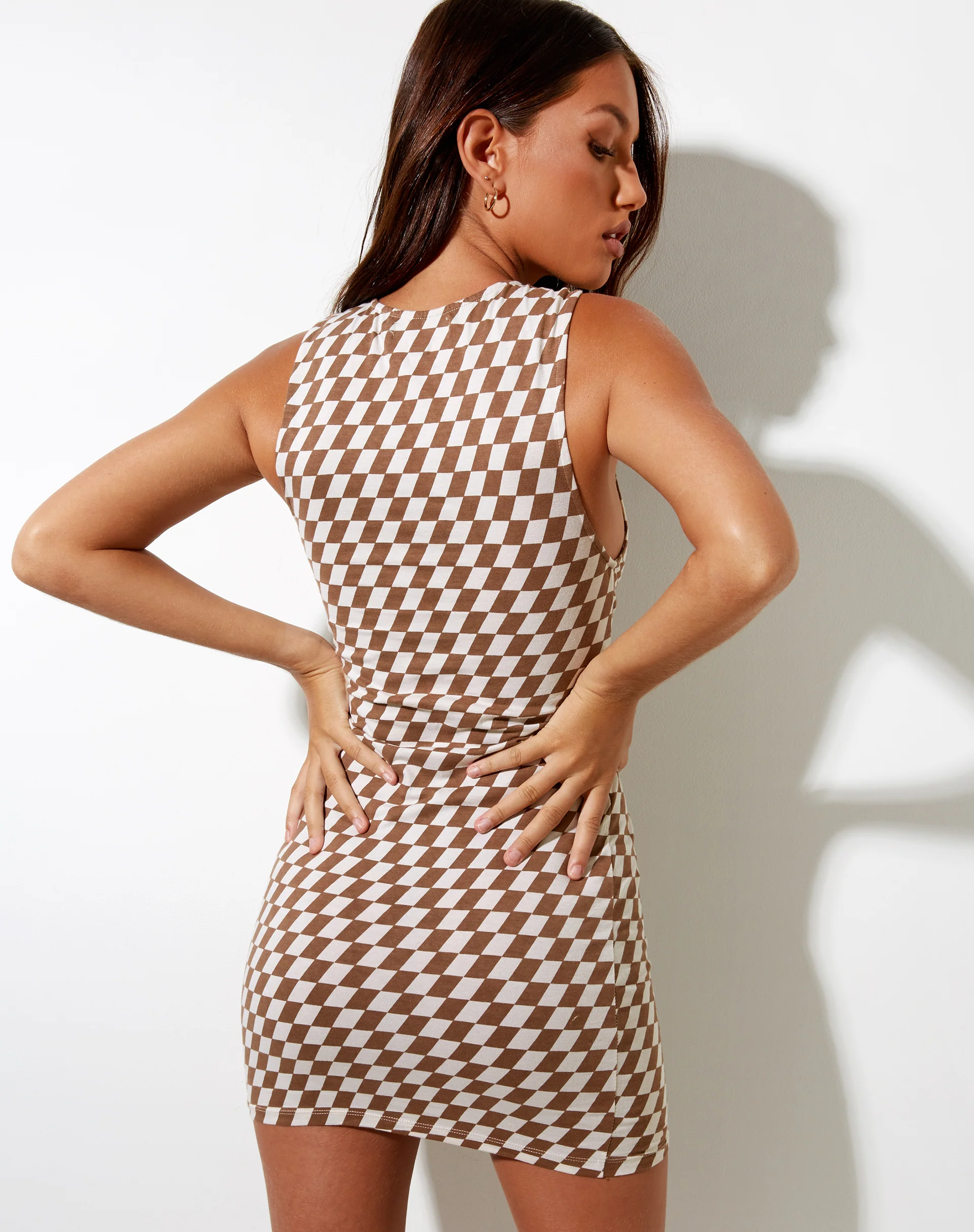 Gele Mini Dress in Diagonal Checker Tan and Ivory - Awmao