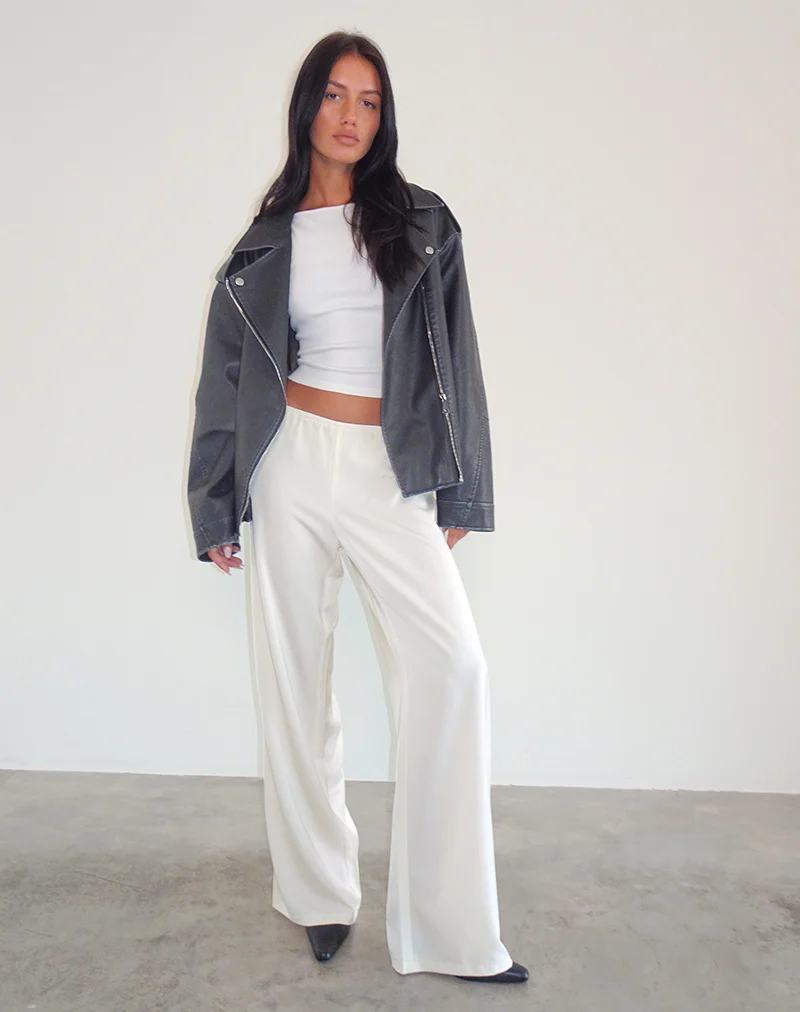 Waski Wide Leg Trouser in Satin Ivory - Awmao