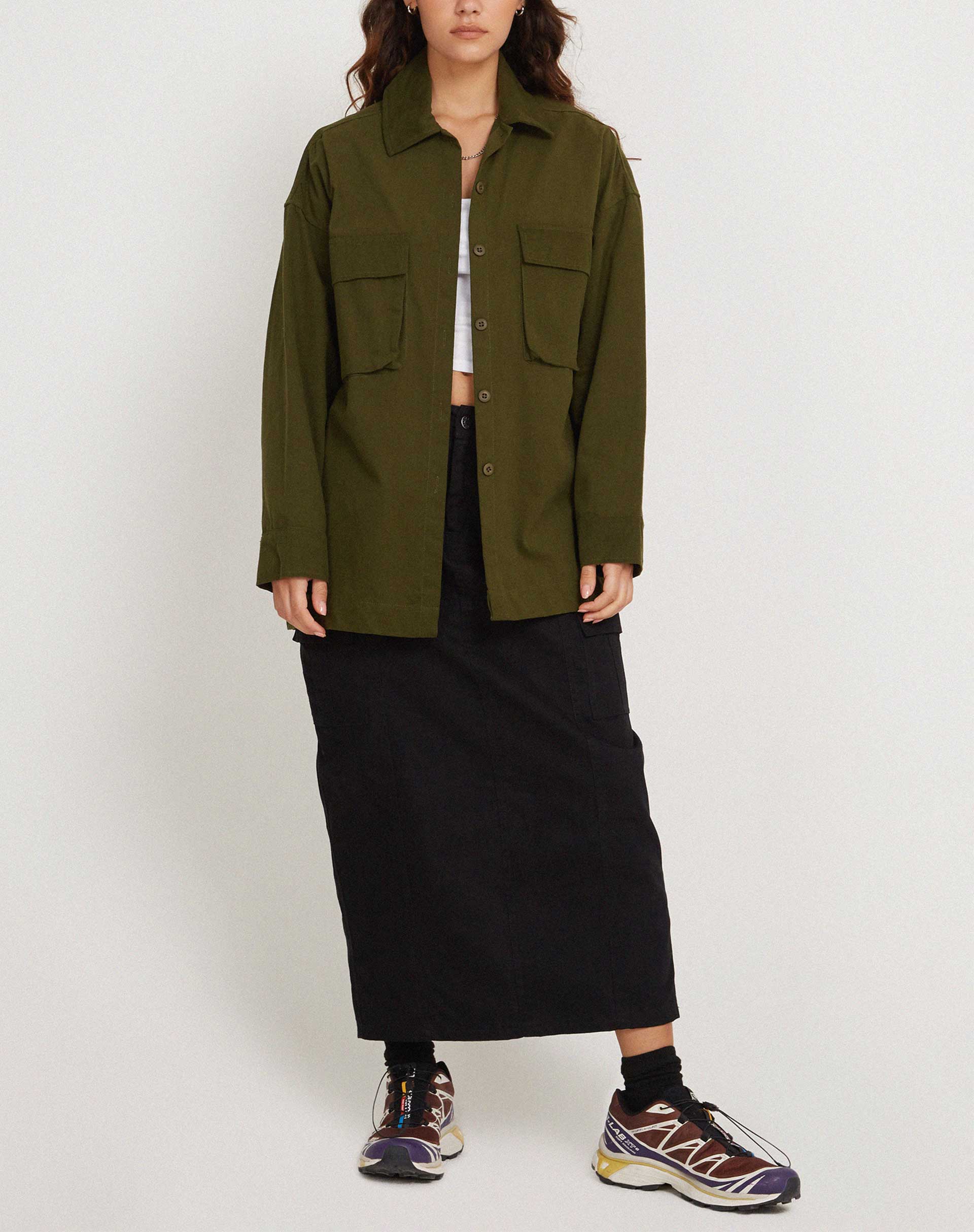 Phlox Oversized Shirt in Dark Olive - Awmao