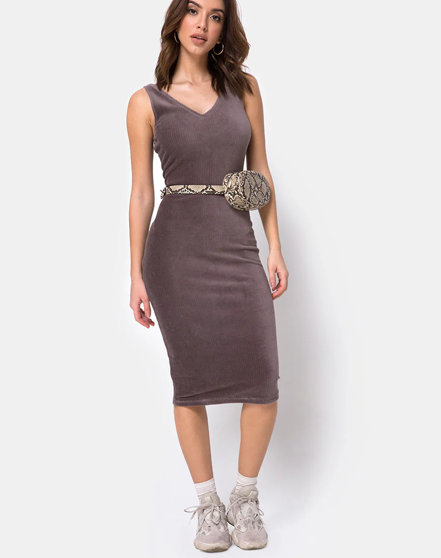Kardie Bodycon Dress in Mocha Velvet Rib - Awmao