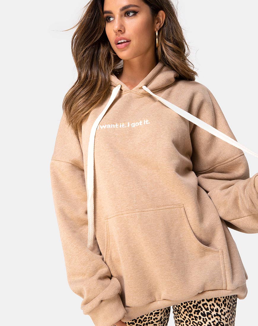 Oversize Hoody in Tan I Want it Embro - Awmao