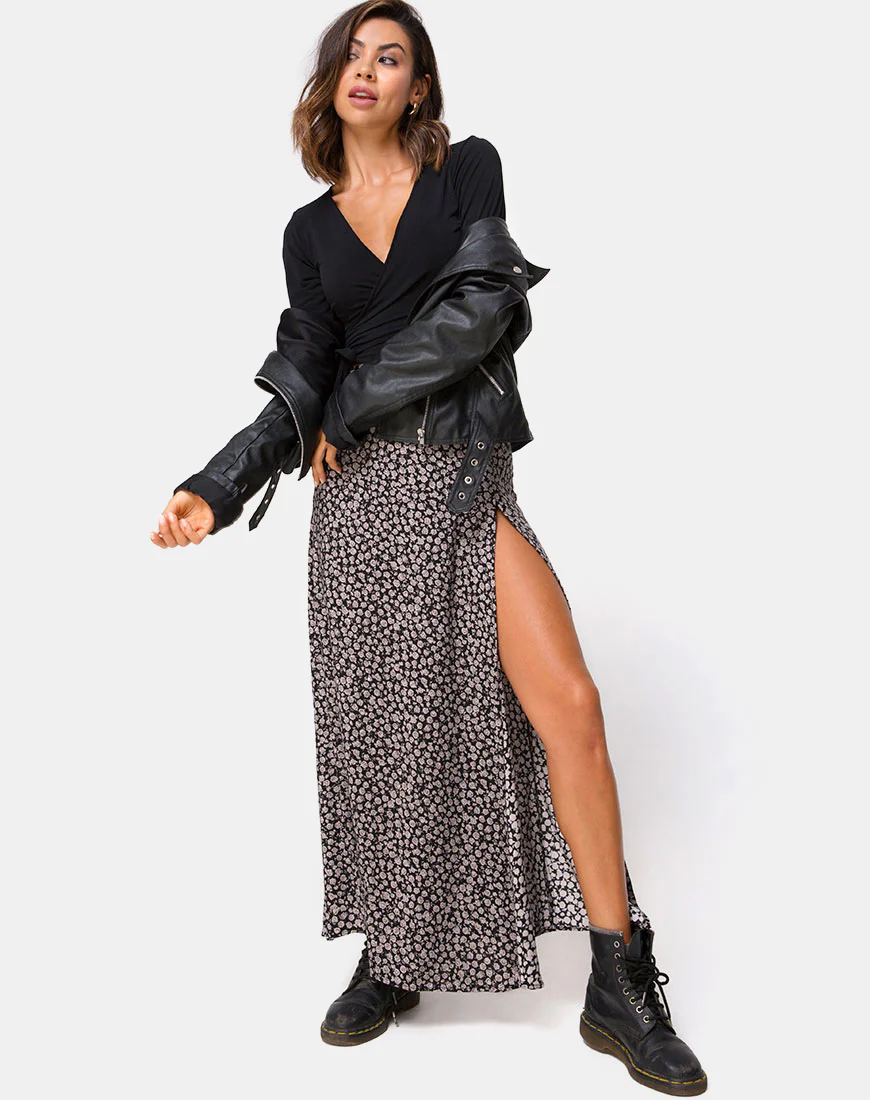 Shayk Maxi Skirt in Ditsy Rose Black - Awmao