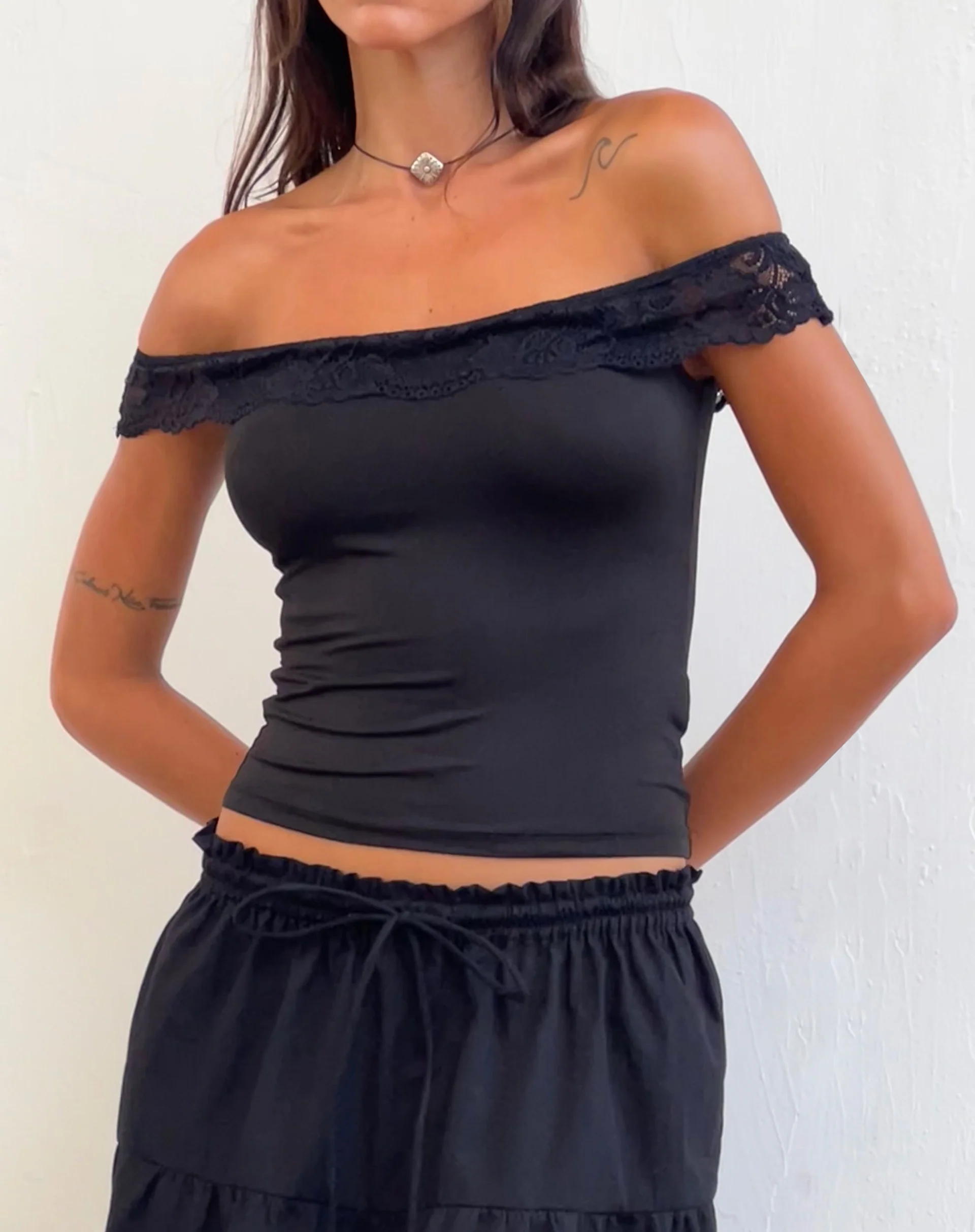 Nesel Bardot Top in Slinky Lace Black - Awmao