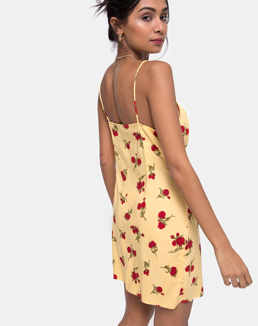 Novia Slip Dress in Falling Rose Yellow - Awmao