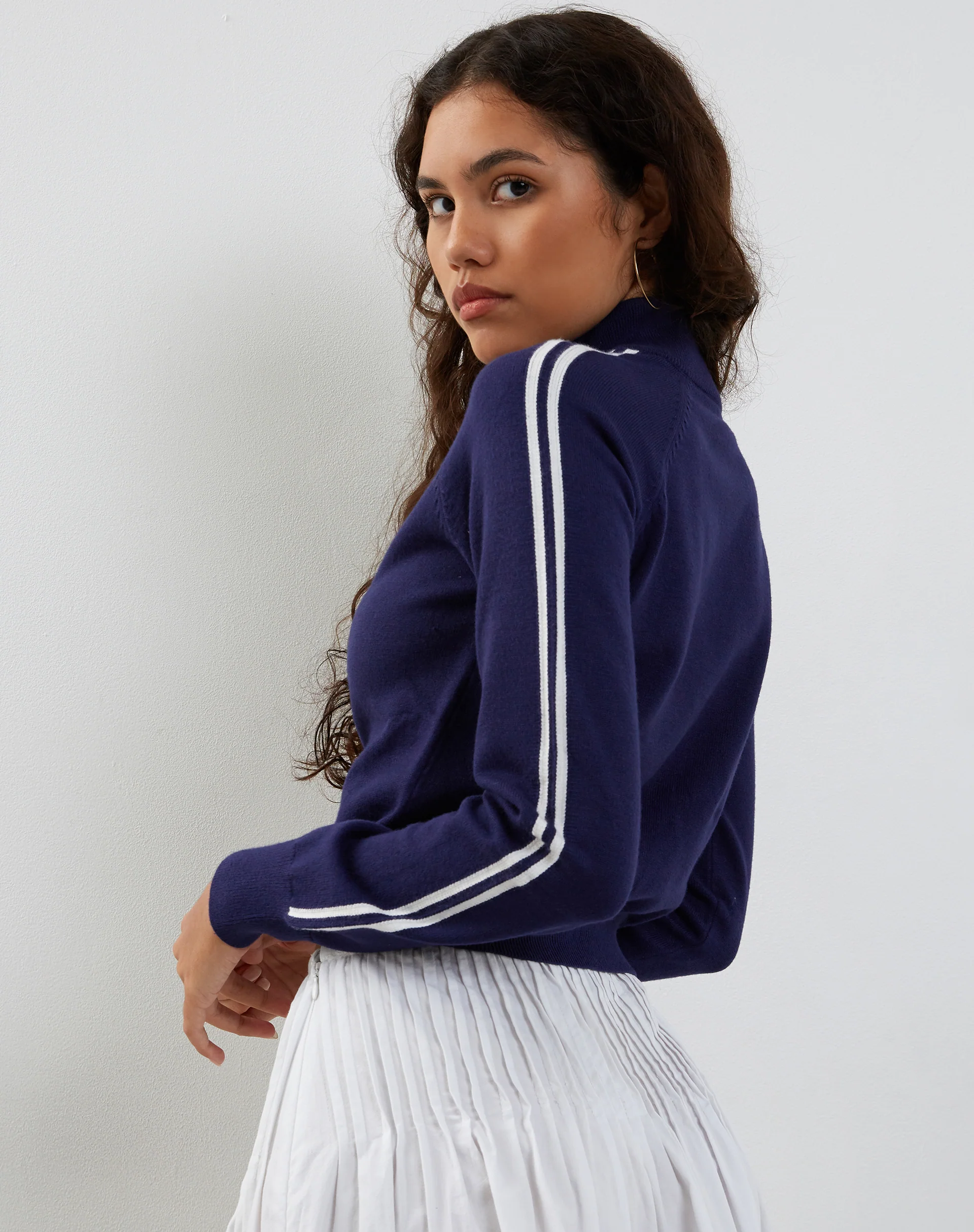 Lennon Knitted Jacket in Navy with White Stripe - Awmao