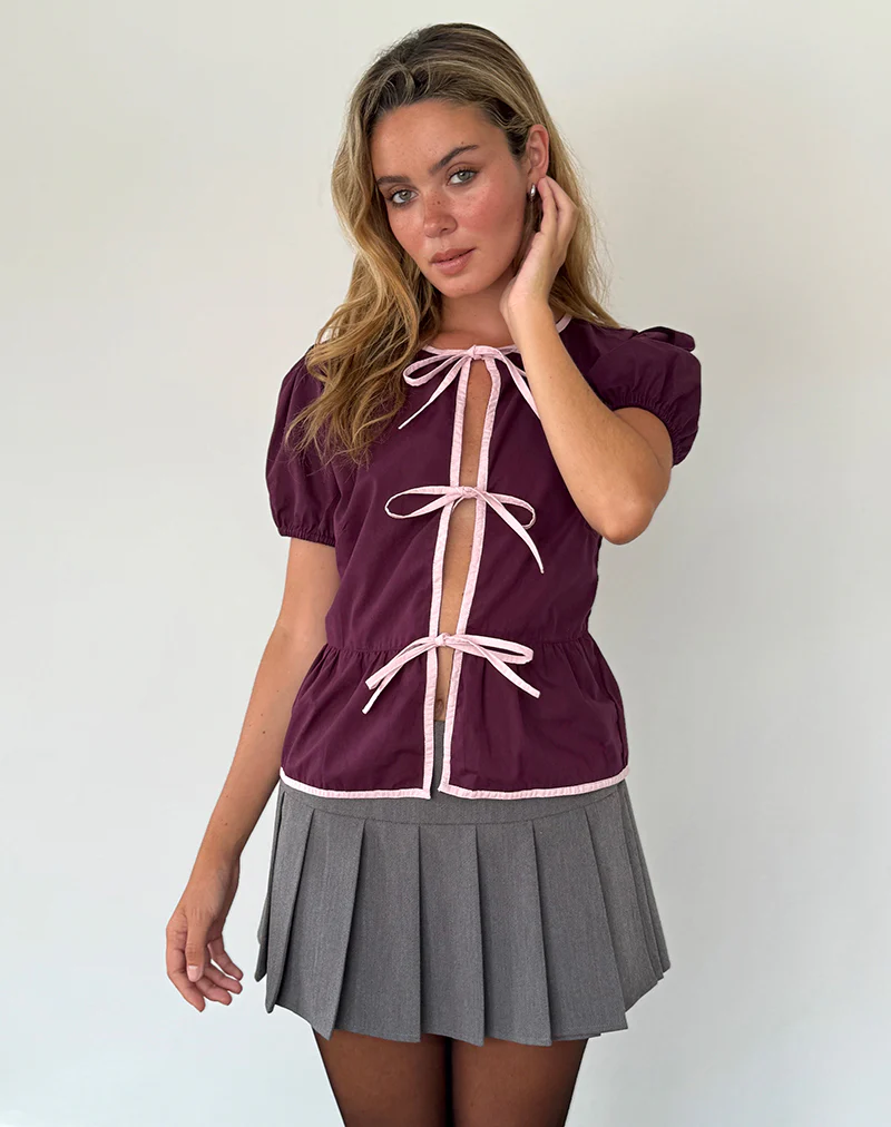 Ryota Tie Front Blouse in Oxblood with Pink Lady Binding - Awmao