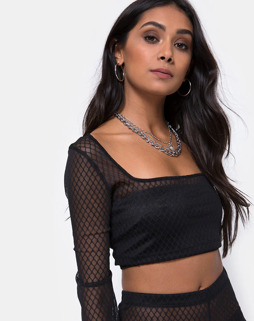Boneta Crop Top in Black Fishnet - Awmao