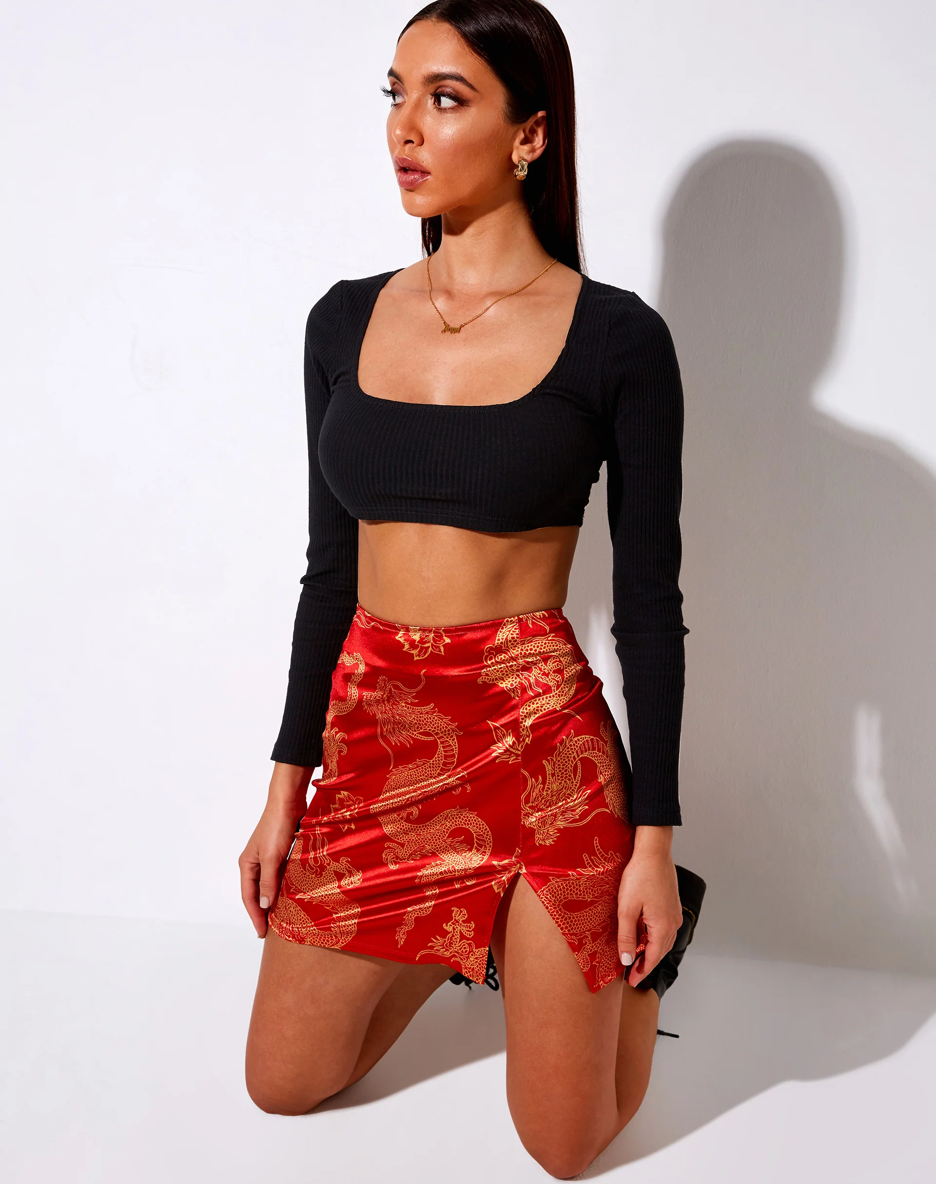 Wren Mini Skirt in Dragon Flower Red and Gold - Awmao