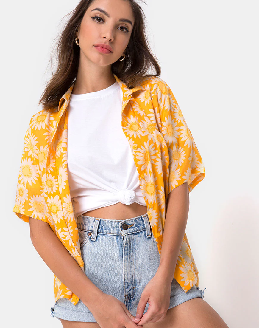 Hawaiian Shirt in Sunkissed Yellow Floral - Awmao