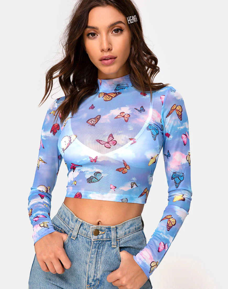 Lara Top in Mesh Blue Butterfly - Awmao