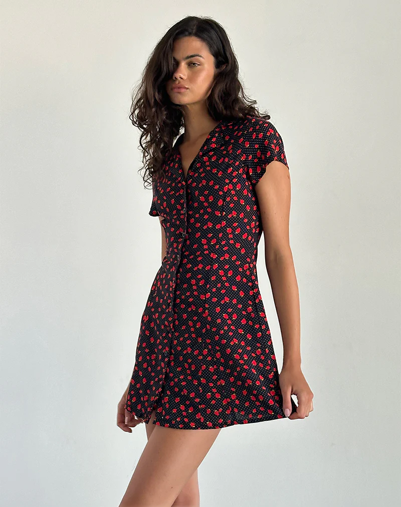 Holmana Mini Dress in Strawberry Polka Black - Awmao