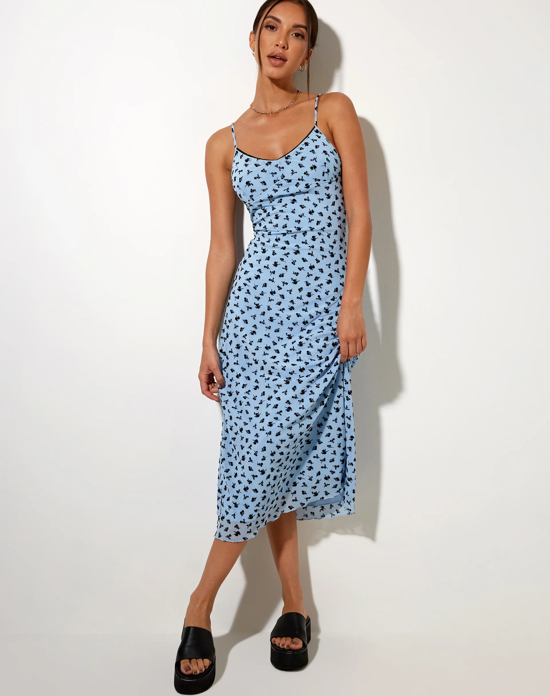Cotina Midi Dress in Blue Flower Buds Black Flock - Awmao