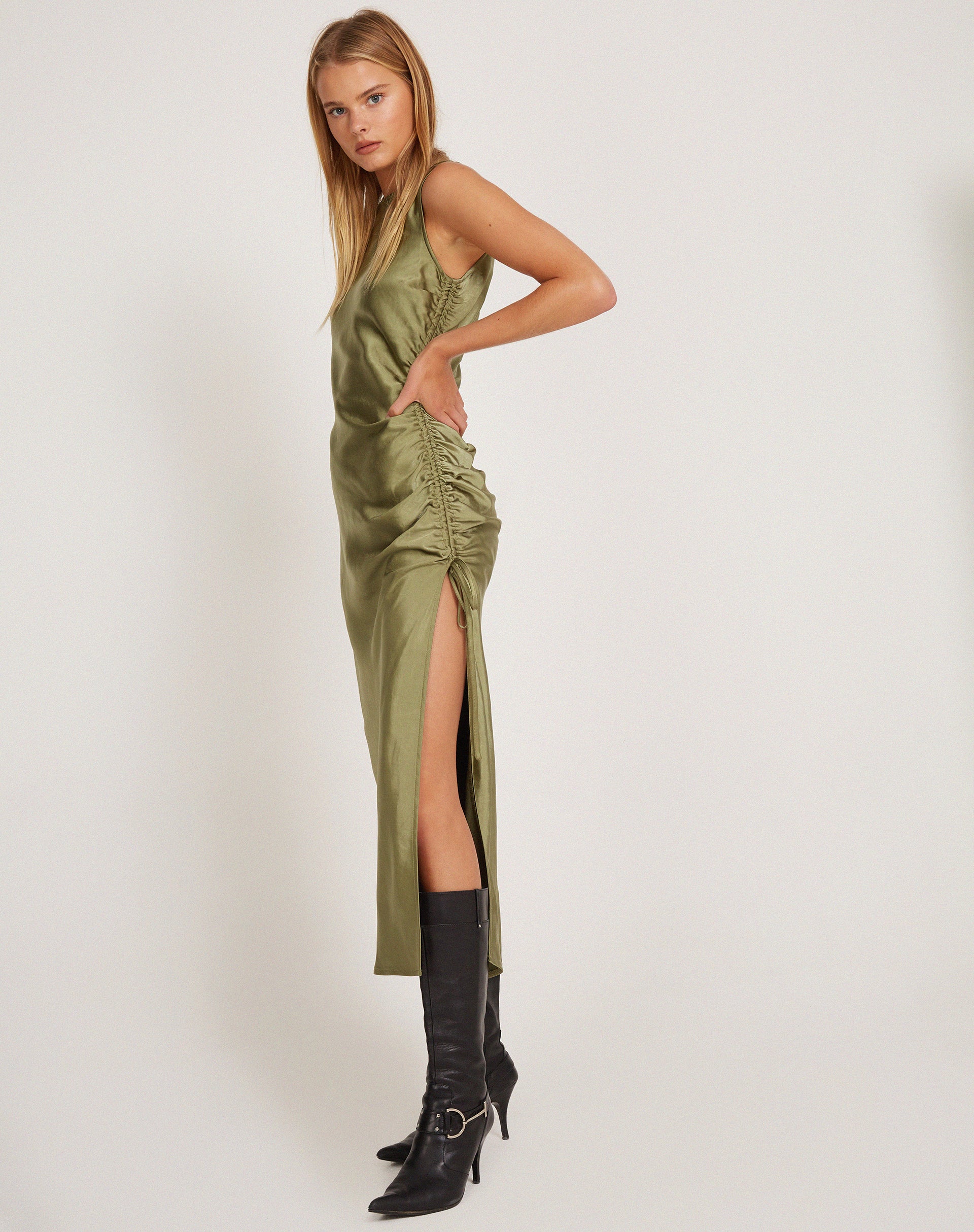 Raybu Ruched Midi Dress in Satin Olive - Awmao