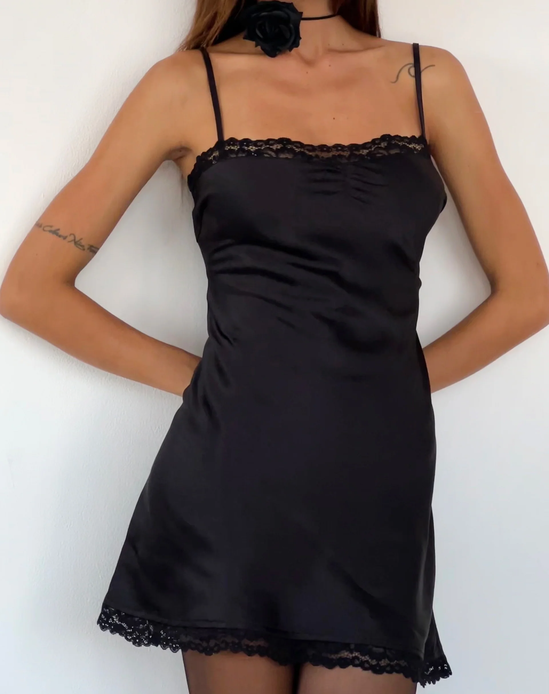 Larna Lace Trim Satin Mini Dress in Black - Awmao