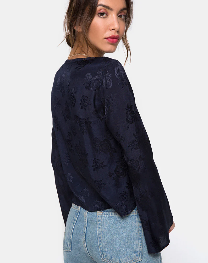 Merida Blouse in Satin Rose Navy - Awmao