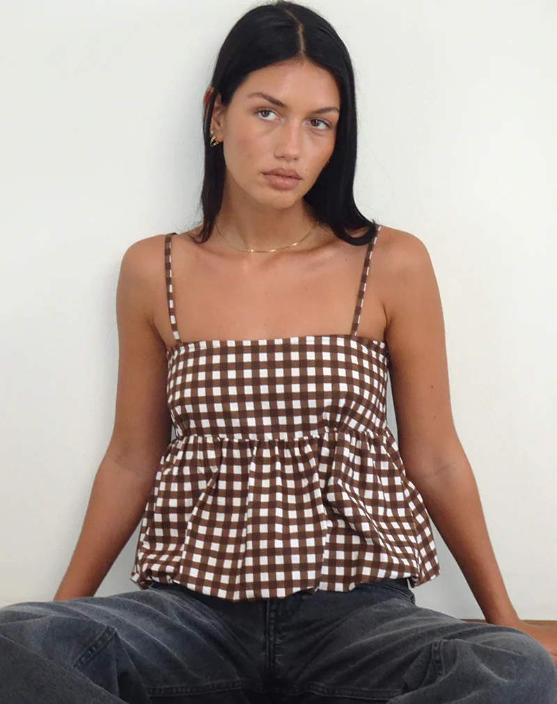 Charlita Frill Cami Top in Tonal Gingham Brown - Awmao