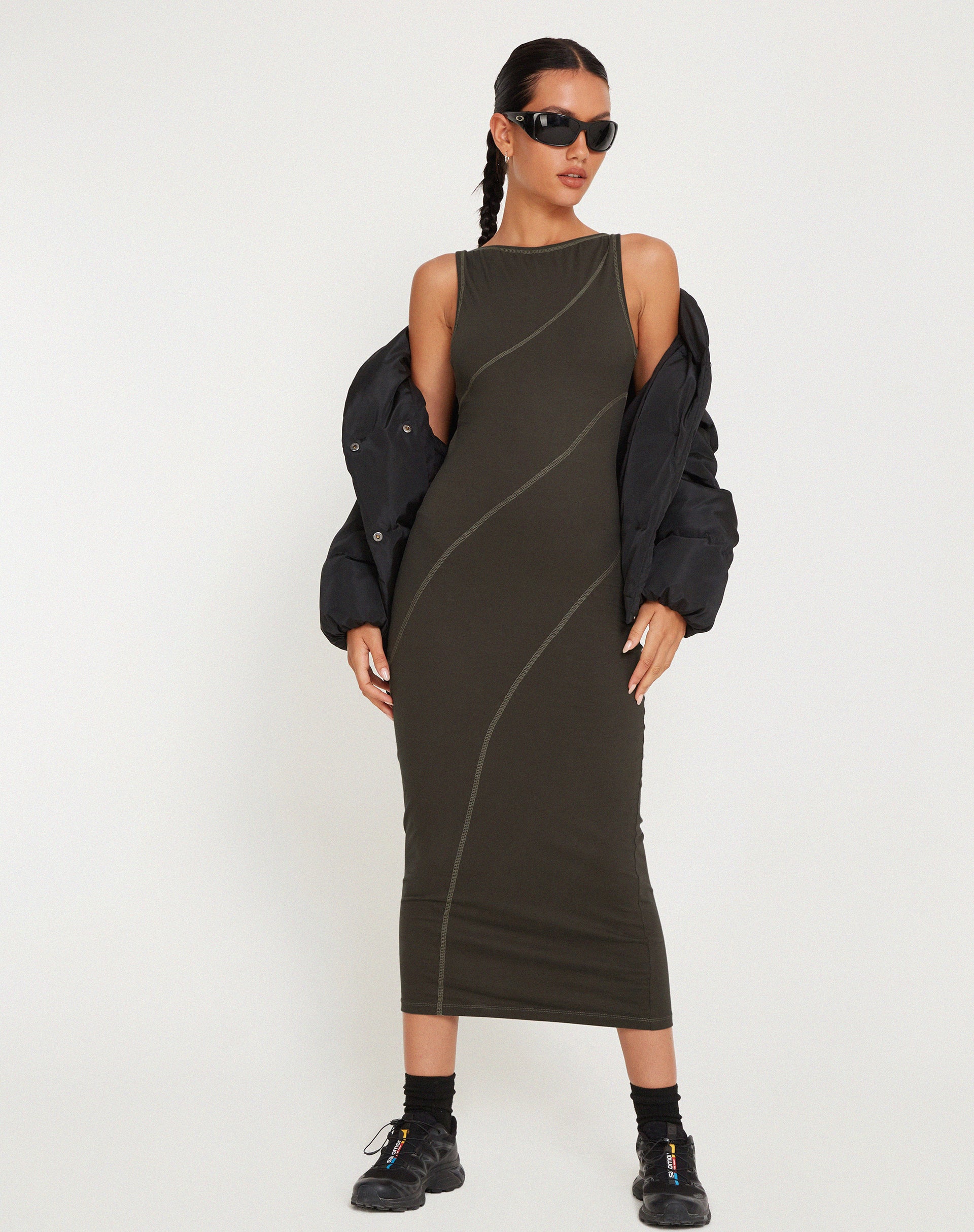 Driki Midi Dress in Gunmetal with Grey Top Stitch - Awmao