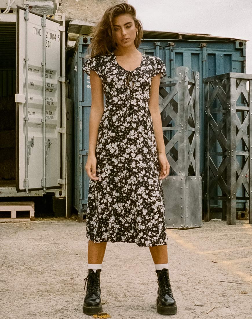 Youki Midi Dress in Dark Wild Flower - Awmao
