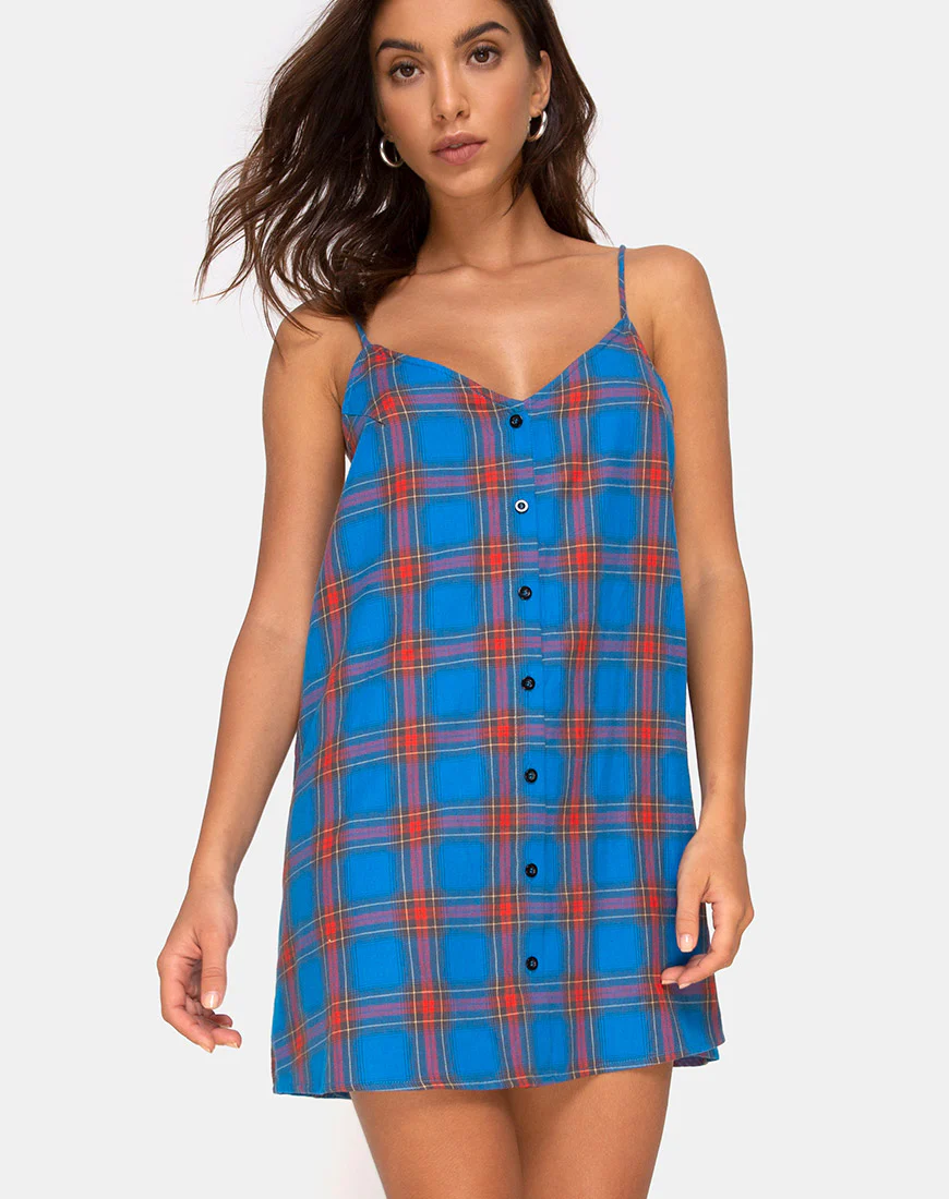 Sanna Slip Dress in Blue and Red Check - Awmao