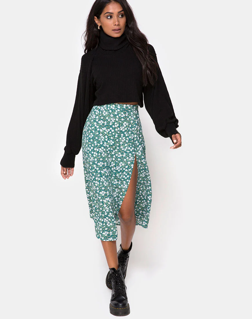 Saika Midi Skirt in Floral Field Green - Awmao