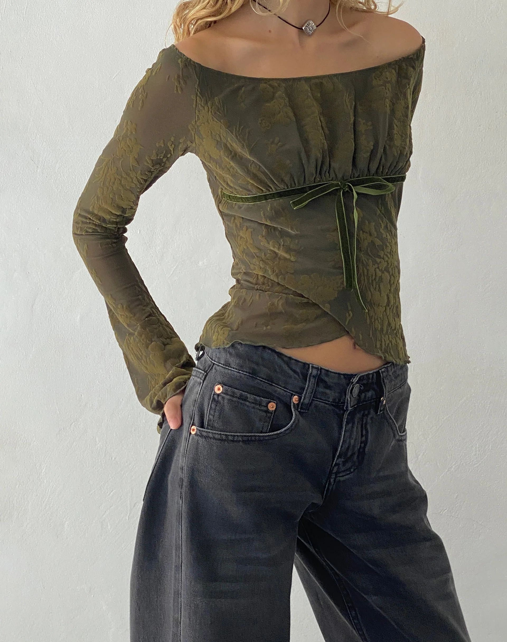 Kareena Long Sleeve Bardot Top in Abstract Botanic Dark Olive - Awmao
