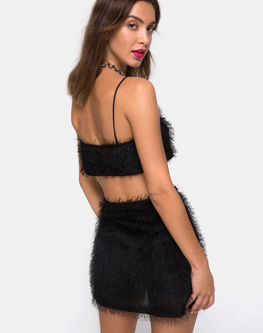 Weaver High Waist Skirt in Fringe Black - Awmao
