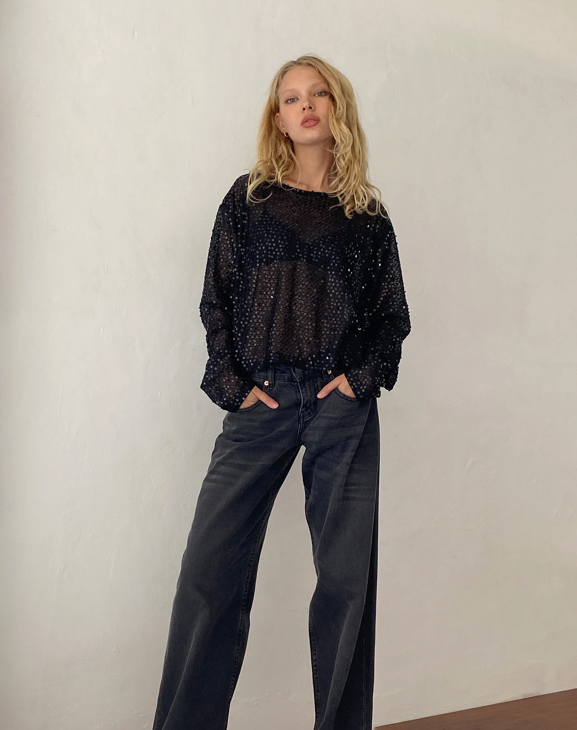 Aridani Unlined Long Sleeve Top in Black Sequin - Awmao
