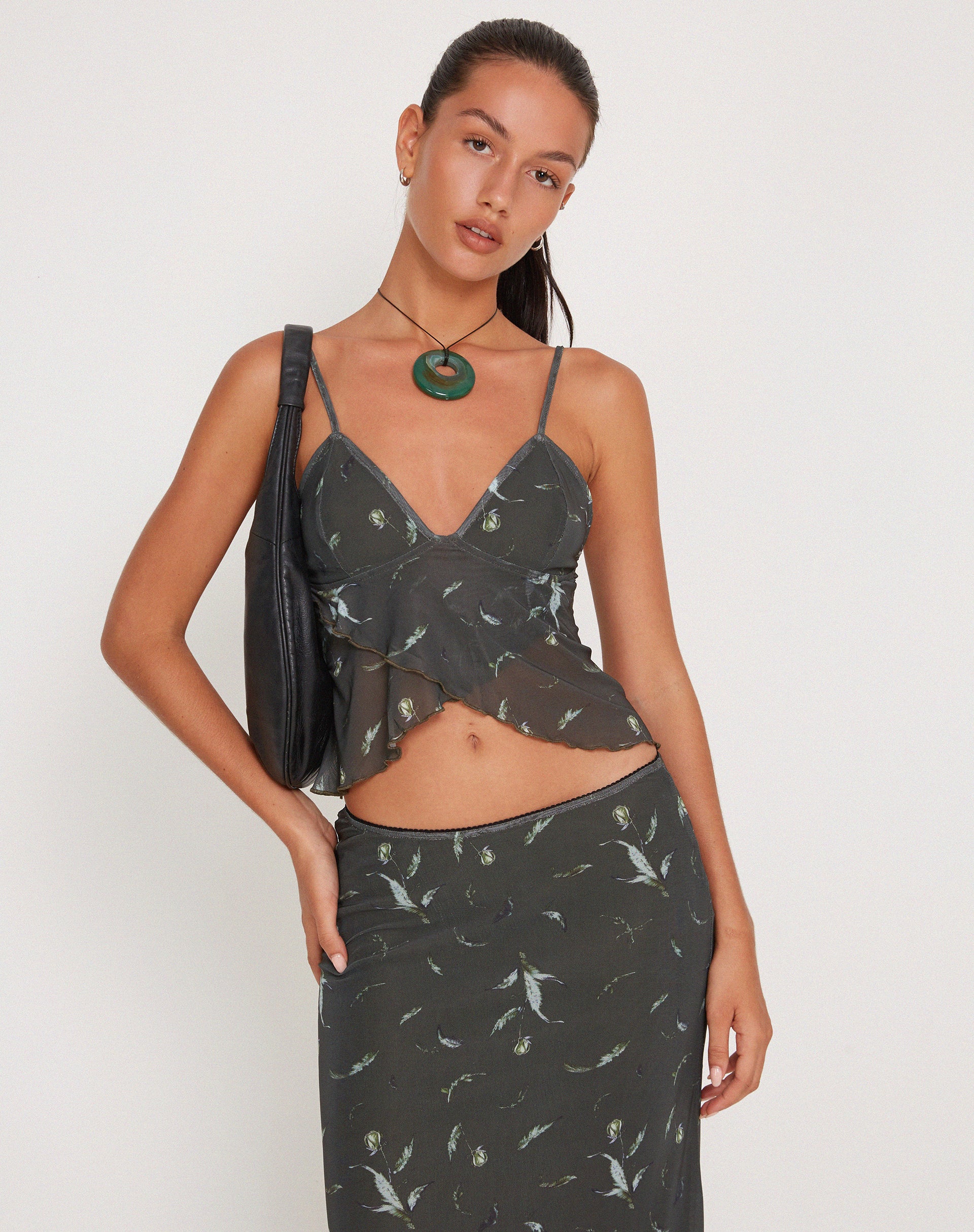 Cojira Mesh Butterfly Top in Floral Khaki Silhouette - Awmao