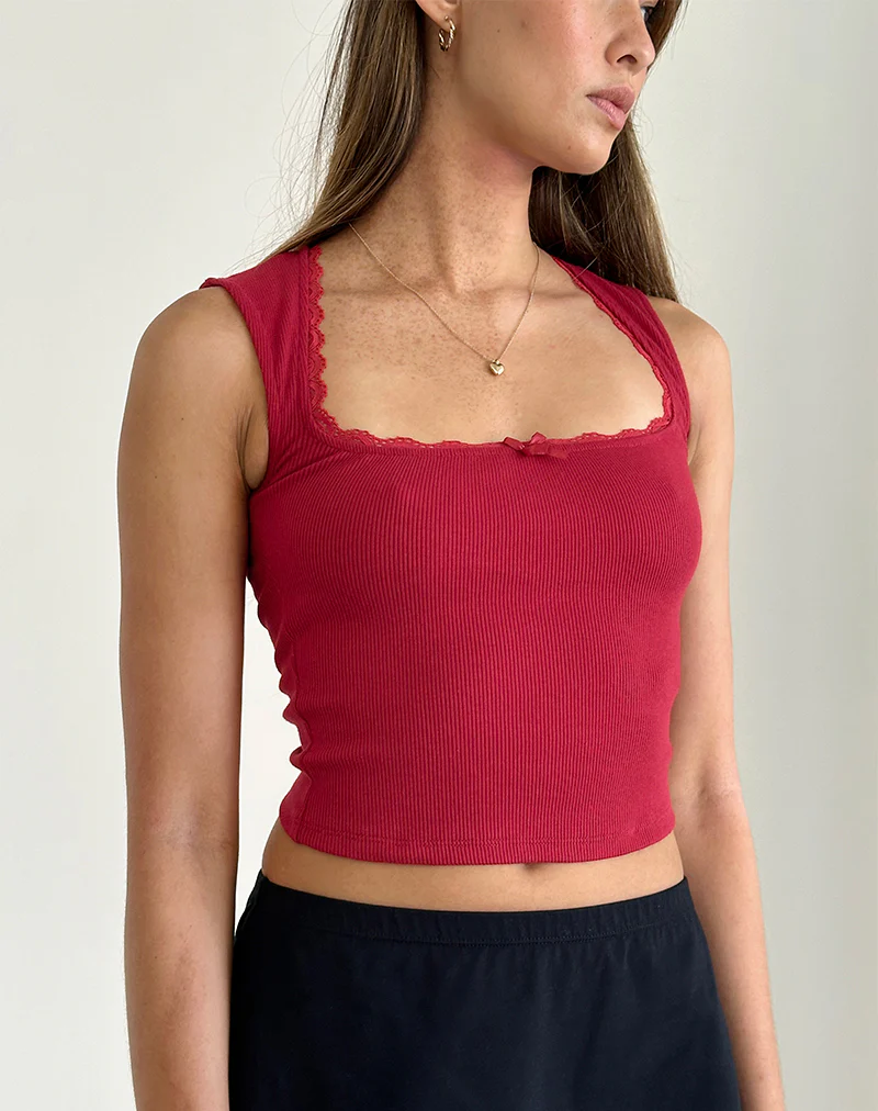Jinila Top In Adrenaline Red With Lace Trim And Bow - Awmao