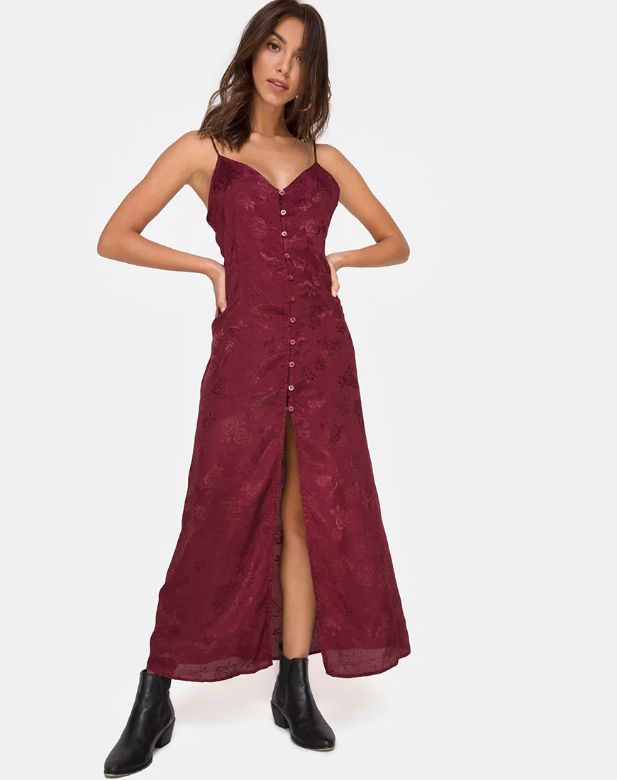 Senia Dress in Satin Rose Burgundy - Awmao