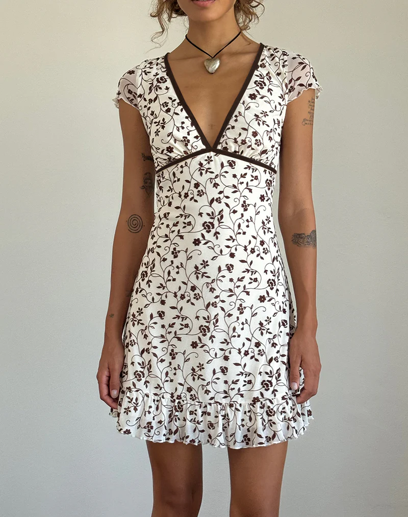 Melva Mini Dress in Brown Stem Flower Flock - Awmao