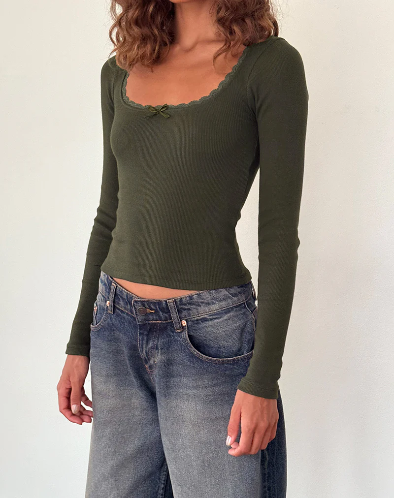 Bovita Long Sleeve Ribbed Top in Olive - Awmao