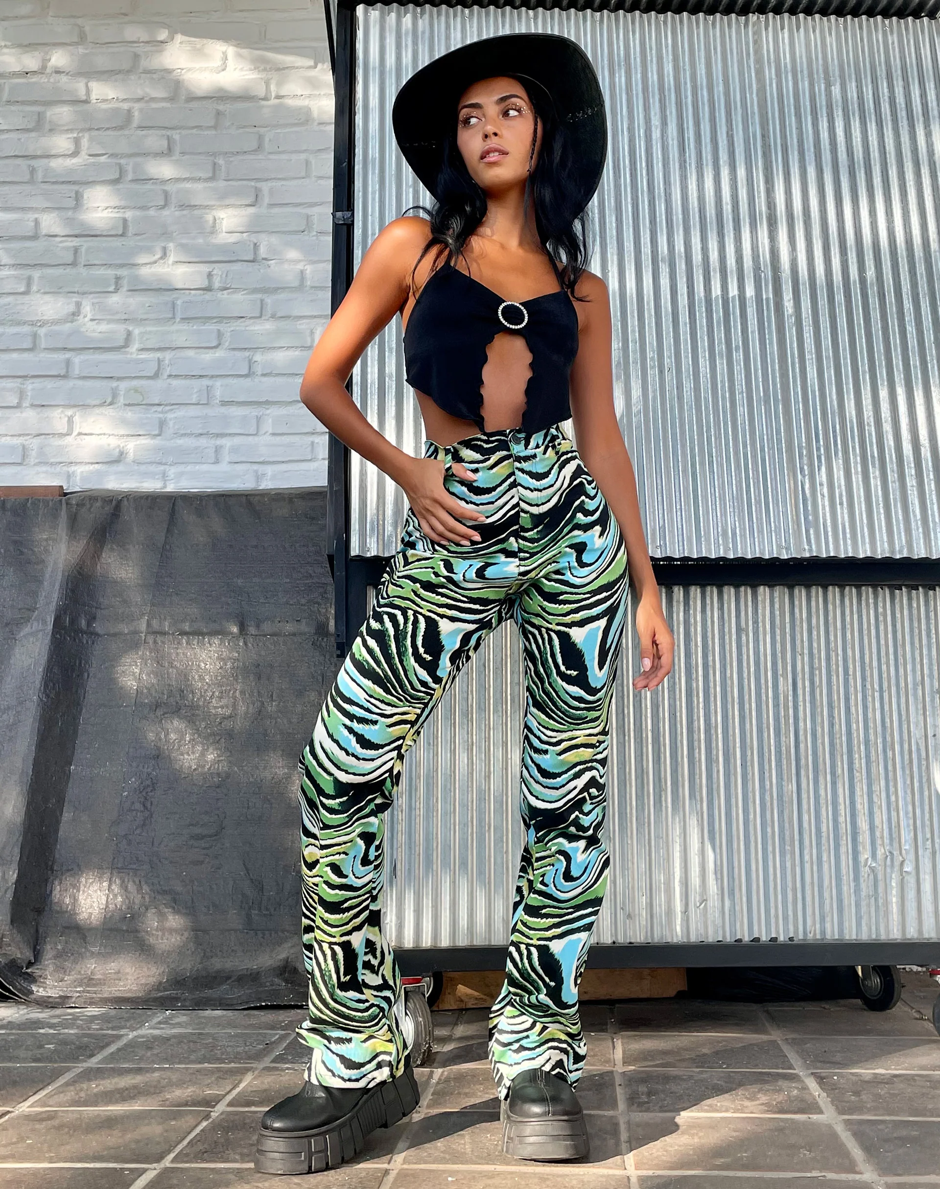 Zoven Flare Trouser in Warped Zebra Blue - Awmao