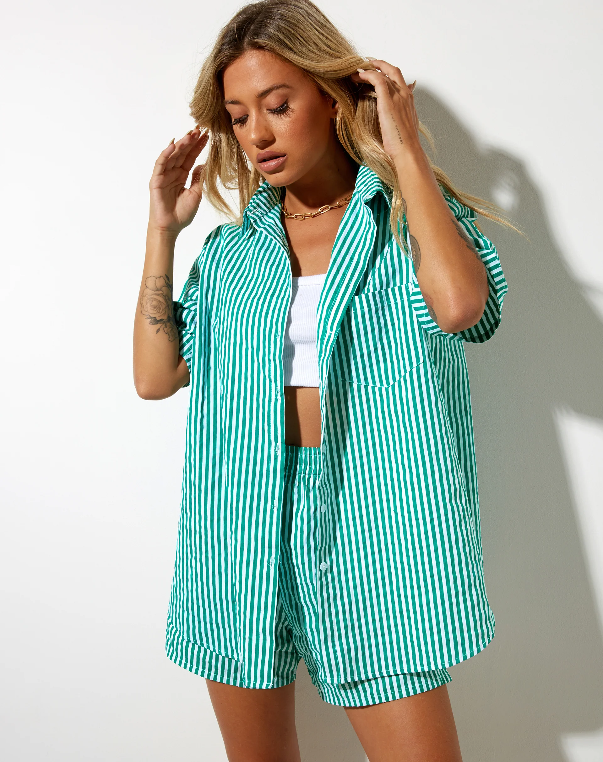 Smith Shirt in Vertical Stripe Green and White - Awmao