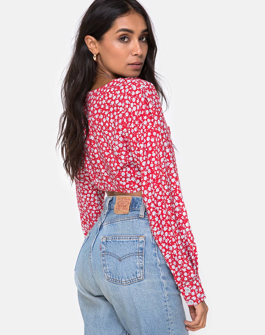 Koniva Crop Top in Ditsy Rose Red and Silver - Awmao