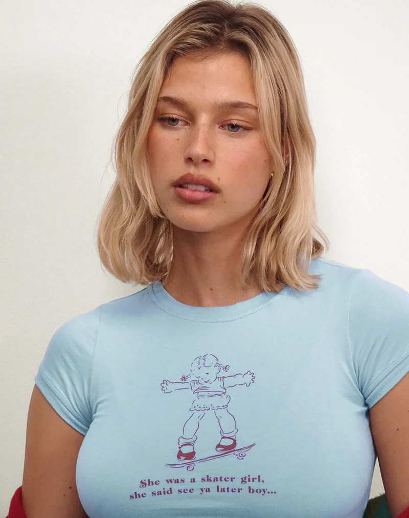 Sutin Baby Tee in Nantucket Blue with Skater Girl Motif - Awmao