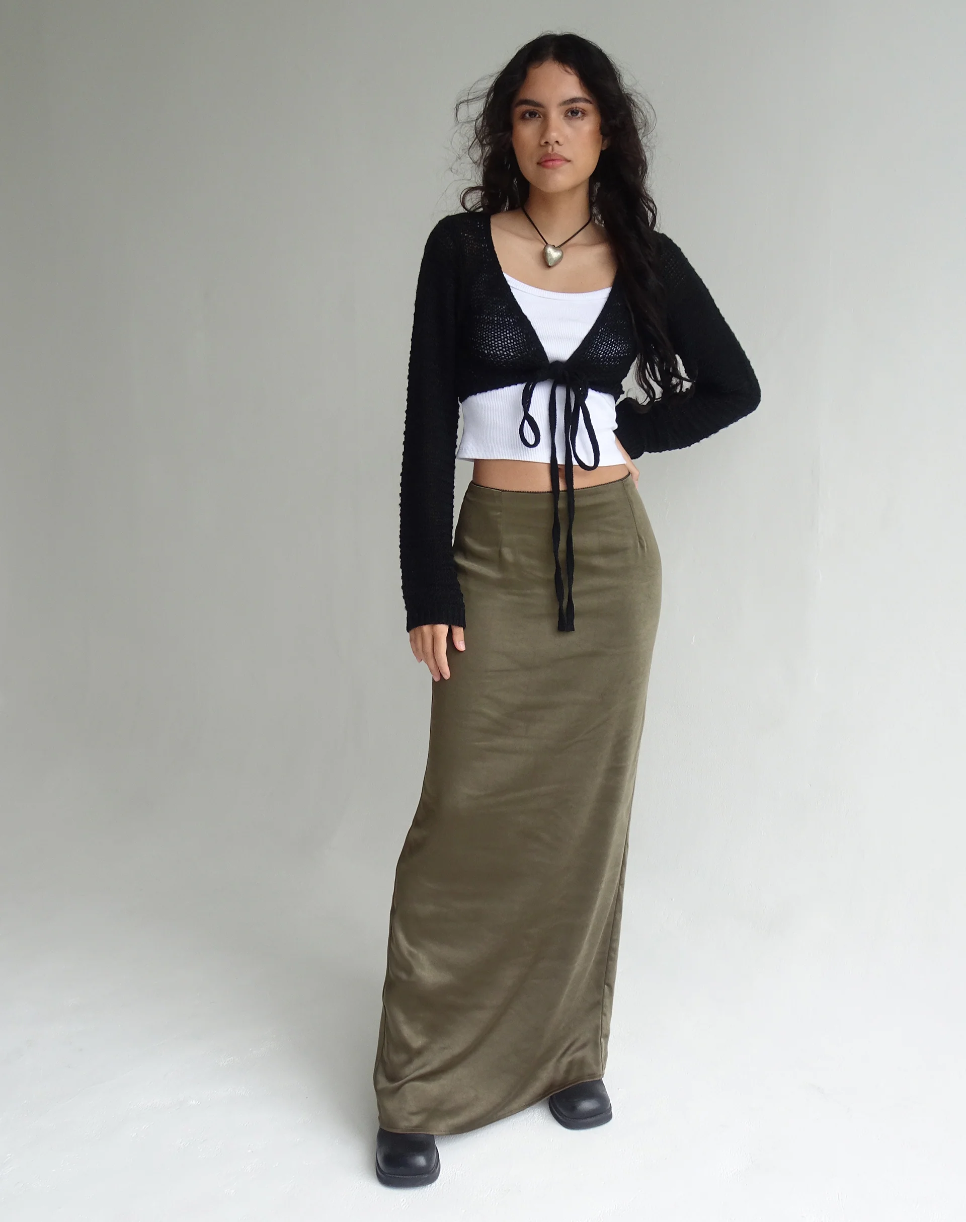 Layla Maxi Skirt in Satin Dark Olive - Awmao