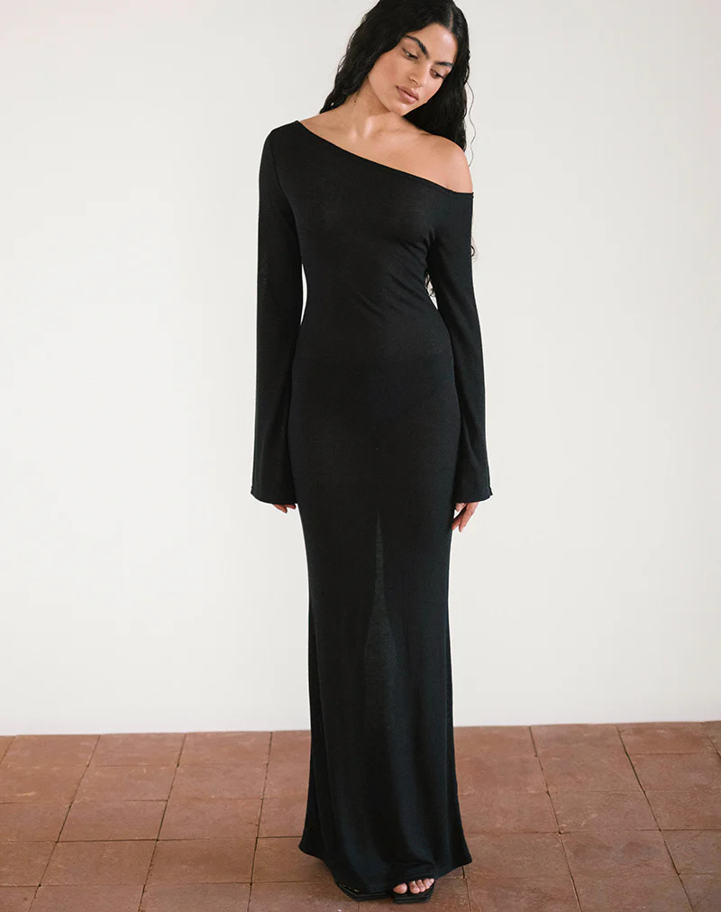 Aldiana Long Sleeve Asymmetric Maxi Dress in Sheer Knit Black - Awmao