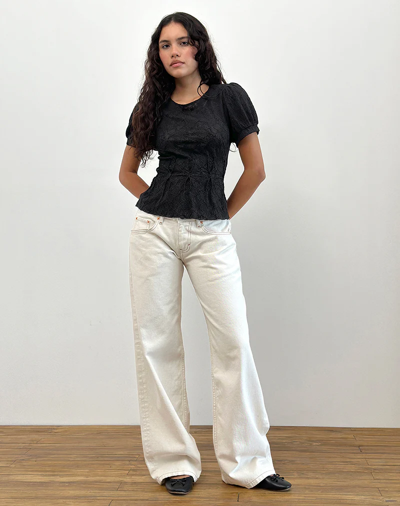 Jaina Puff Sleeve Top in Textured Black - Awmao