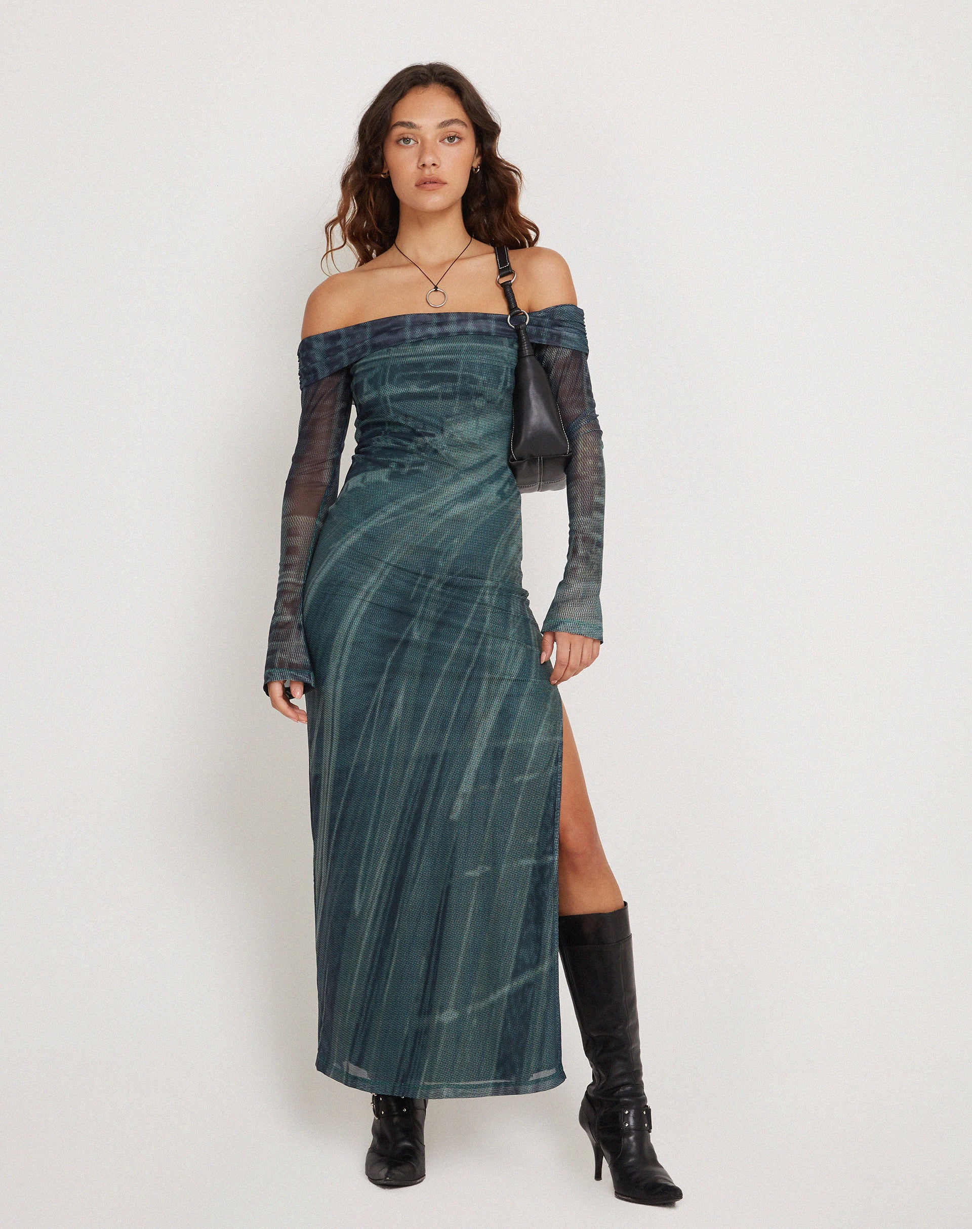 Terra Bardot Midi Dress in Cityscape Green - Awmao