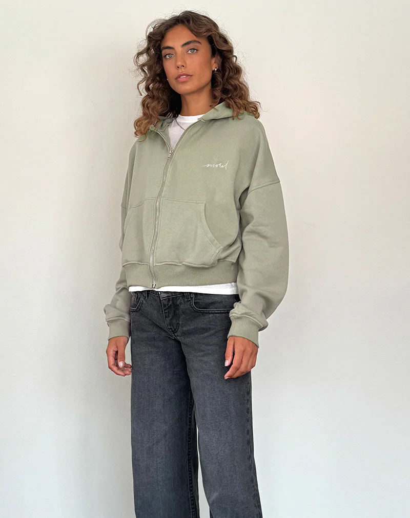 Zip Up Jumper in London Fog with 'MOTEL' Ivory Embroidery - Awmao