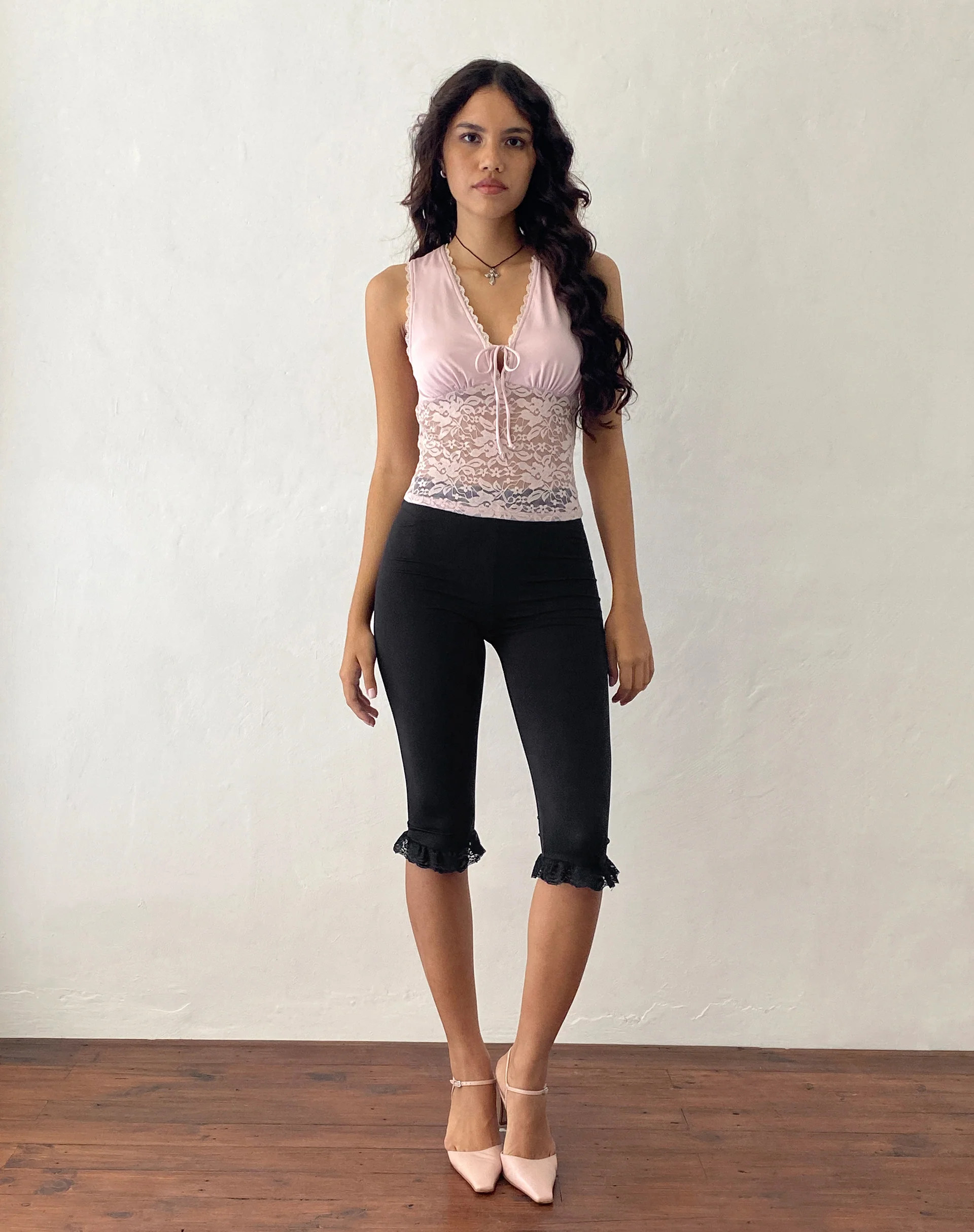 Annika Lace Frill Capri Trouser in Black - Awmao